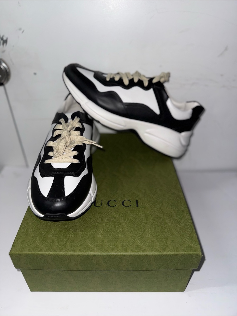GUCCI Rhyton Leather Low-top Sneaker Men's Black White 721750 AAA9S 1094 Size12.
